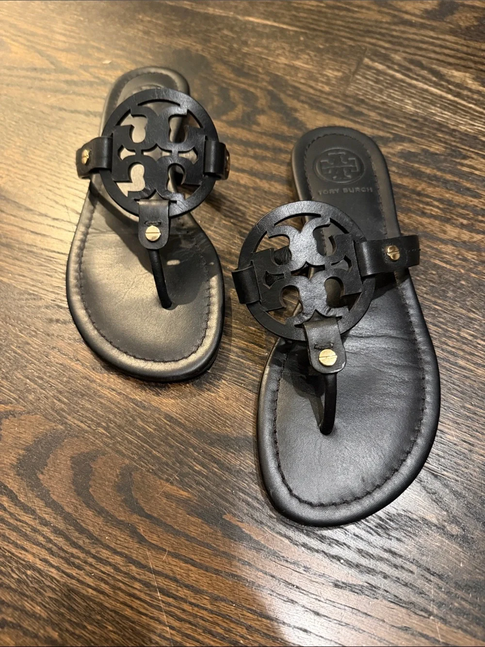 Tory Burch Black Leather Logo Thong Sandals